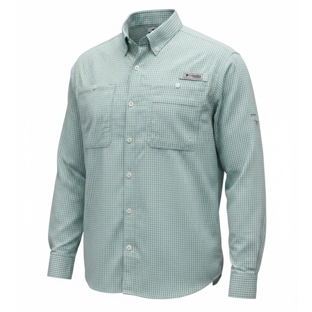 Columbia PFG Mens Medium Mint Green Plaid L/S Vented Fishing Shirt Button (A32)